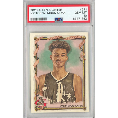 PSA graded 2023 Allen & Ginter Victor Wembanyama basketball card on display