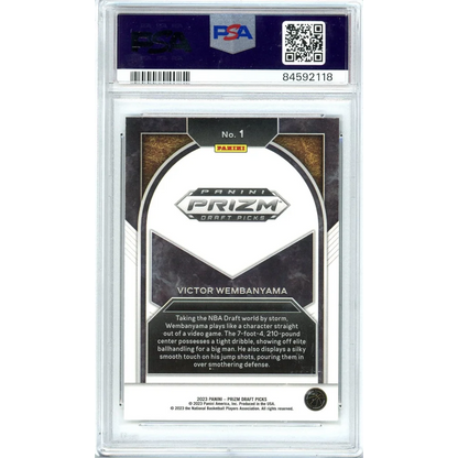 Graded Victor Wembanyama 2023 Prizm Draft Picks basketball trading card in display case
