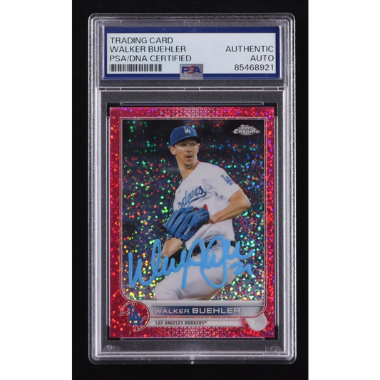 PSA graded Walker Buehler autographed baseball card with red sparkle design