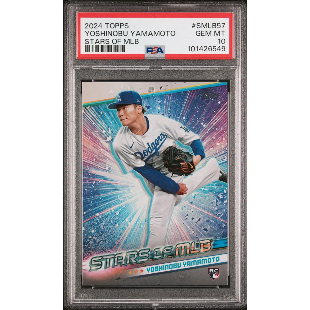 PSA graded Yoshinobu Yamamoto Dodgers rookie card from 2024 Topps