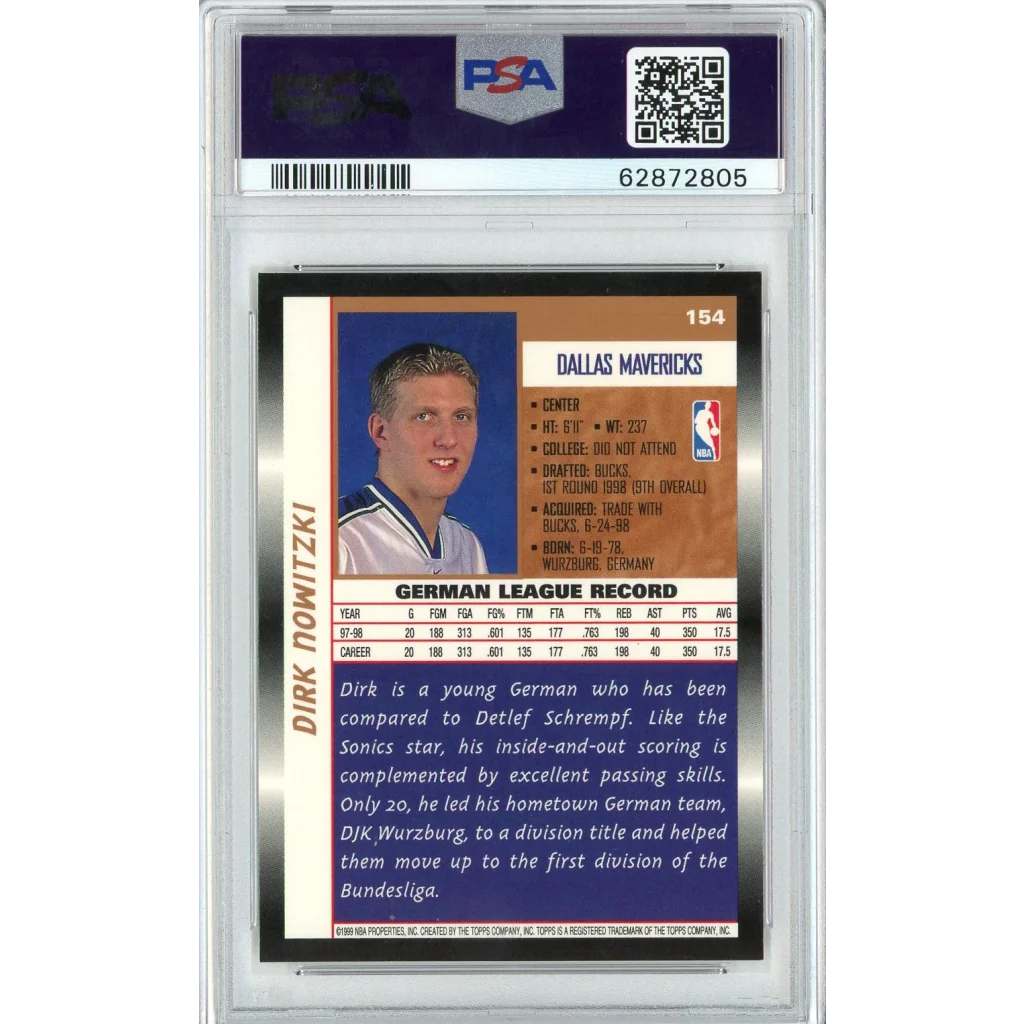 PSA graded Mint 9 Dirk Nowitzki 1998 Topps rookie basketball card ready to score
