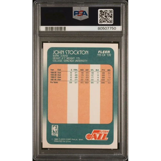 Graded PSA Mint 9 John Stockton 1988 Fleer Rookie Basketball Card ready to ship