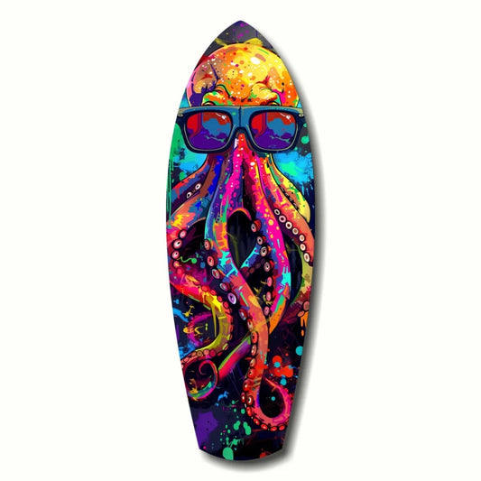 Vibrant psychedelic octopus surfboard tempered glass art with size comparison