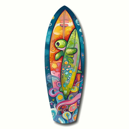 Psychedelic Sea Turtle tempered glass art surfboard with vibrant green cartoon turtle and rainbow swirls
