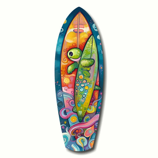 Psychedelic Sea Turtle tempered glass art surfboard with vibrant green cartoon turtle and rainbow swirls