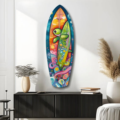 Vibrant green cartoon turtle on psychedelic tempered glass art surfboard