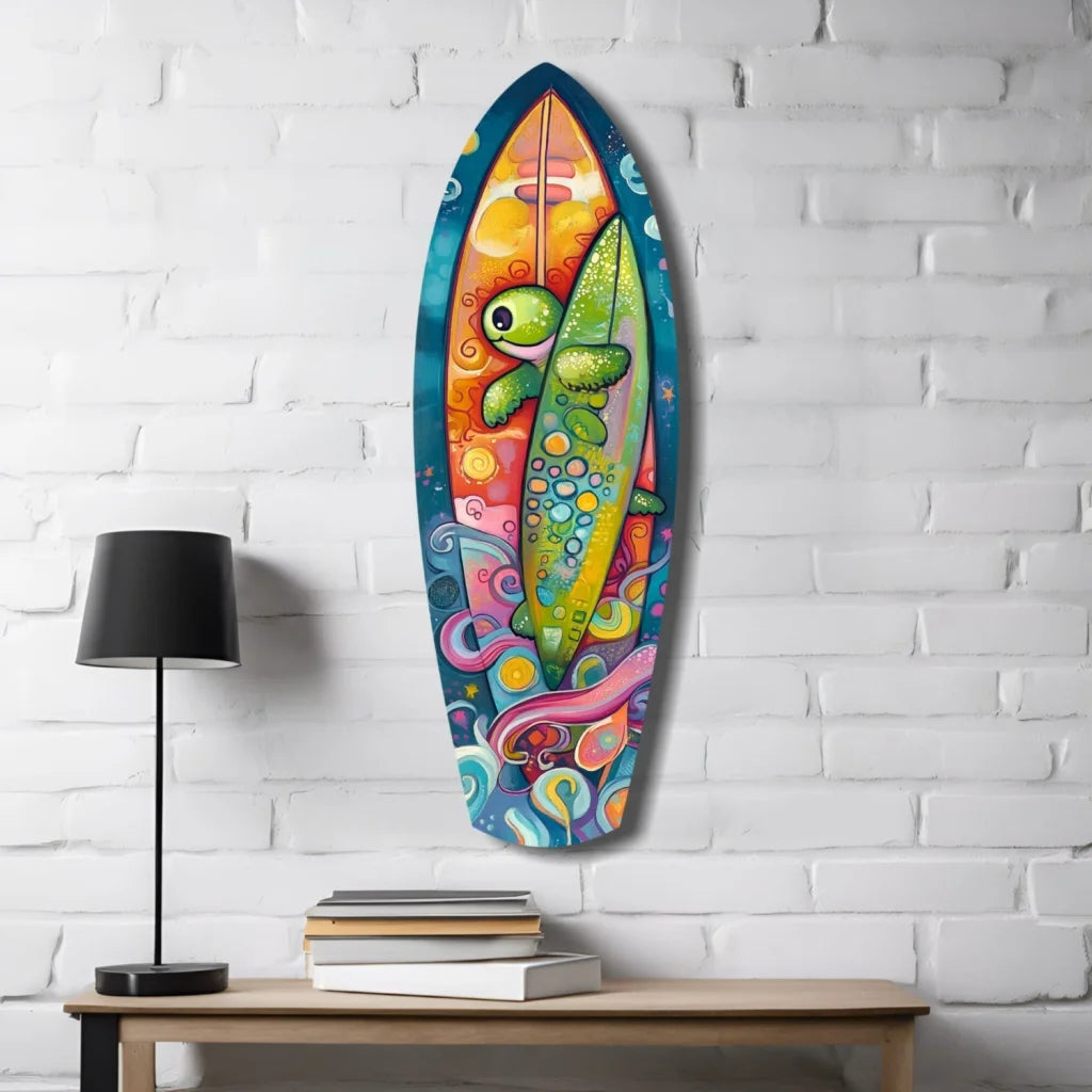 Vibrant psychedelic sea turtle tempered glass art surfboard with swirling ocean motifs