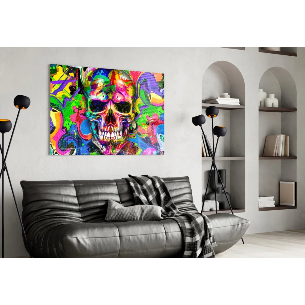 Vibrant psychedelic skull glass wall art with graffiti hues