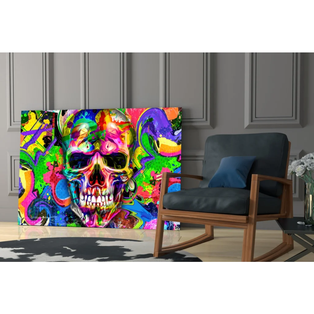 Vibrant psychedelic skull wall art canvas with graffiti design