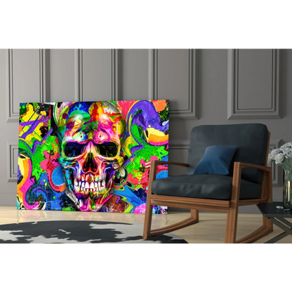 Vibrant psychedelic skull wall art canvas with graffiti design