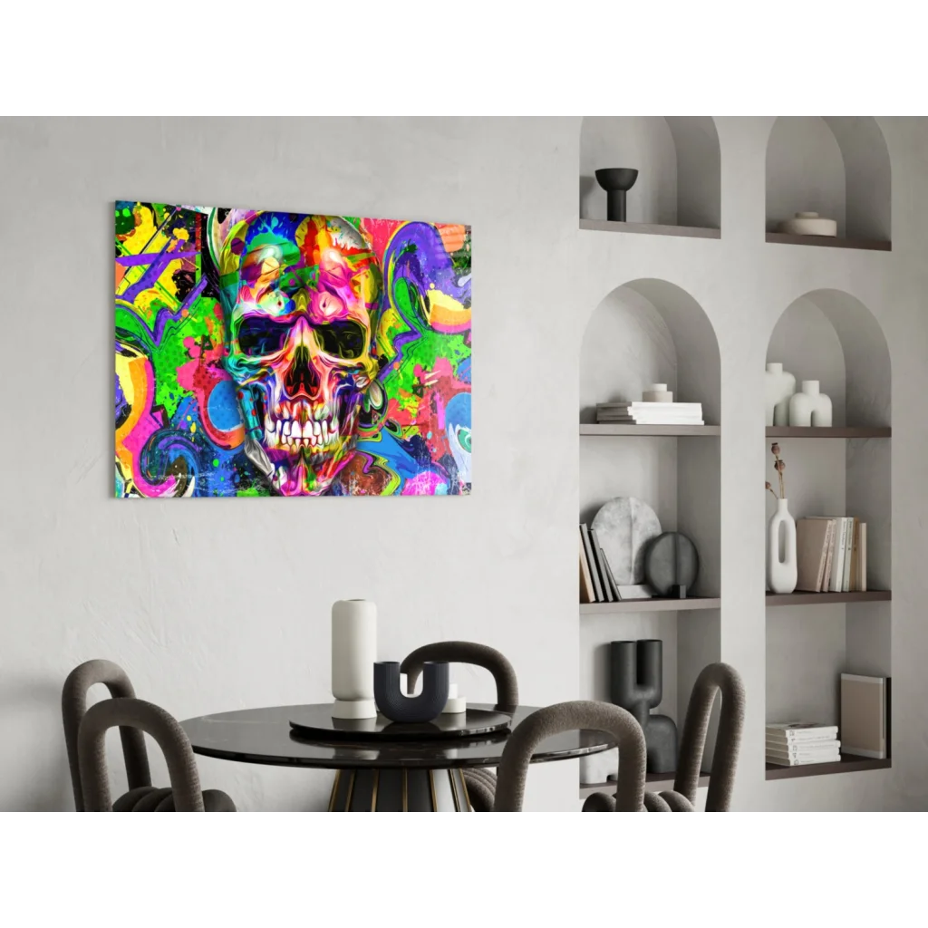 Vibrant psychedelic skull glass wall art with graffiti design