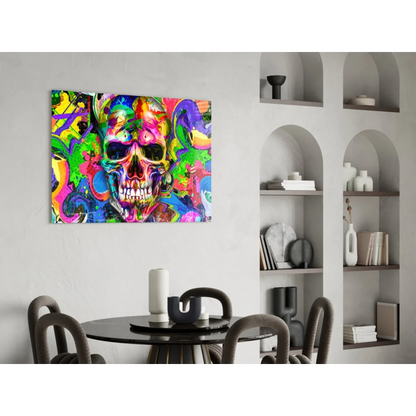 Vibrant psychedelic skull glass wall art with graffiti design