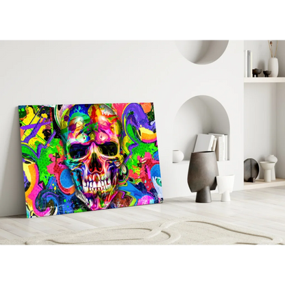 Vibrant psychedelic skull canvas wall art with graffiti design