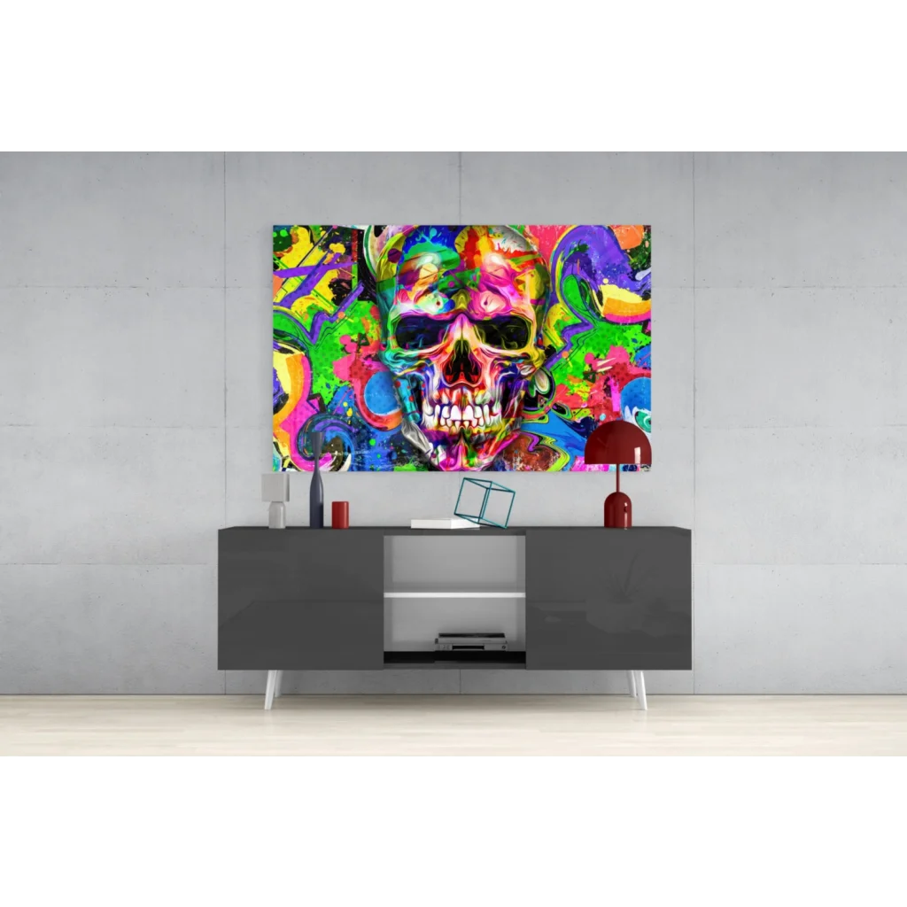 Vibrant multi-colored psychedelic skull wall art with graffiti design
