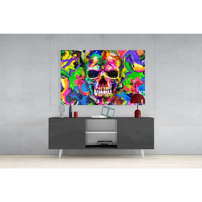 Vibrant multi-colored psychedelic skull wall art with graffiti design
