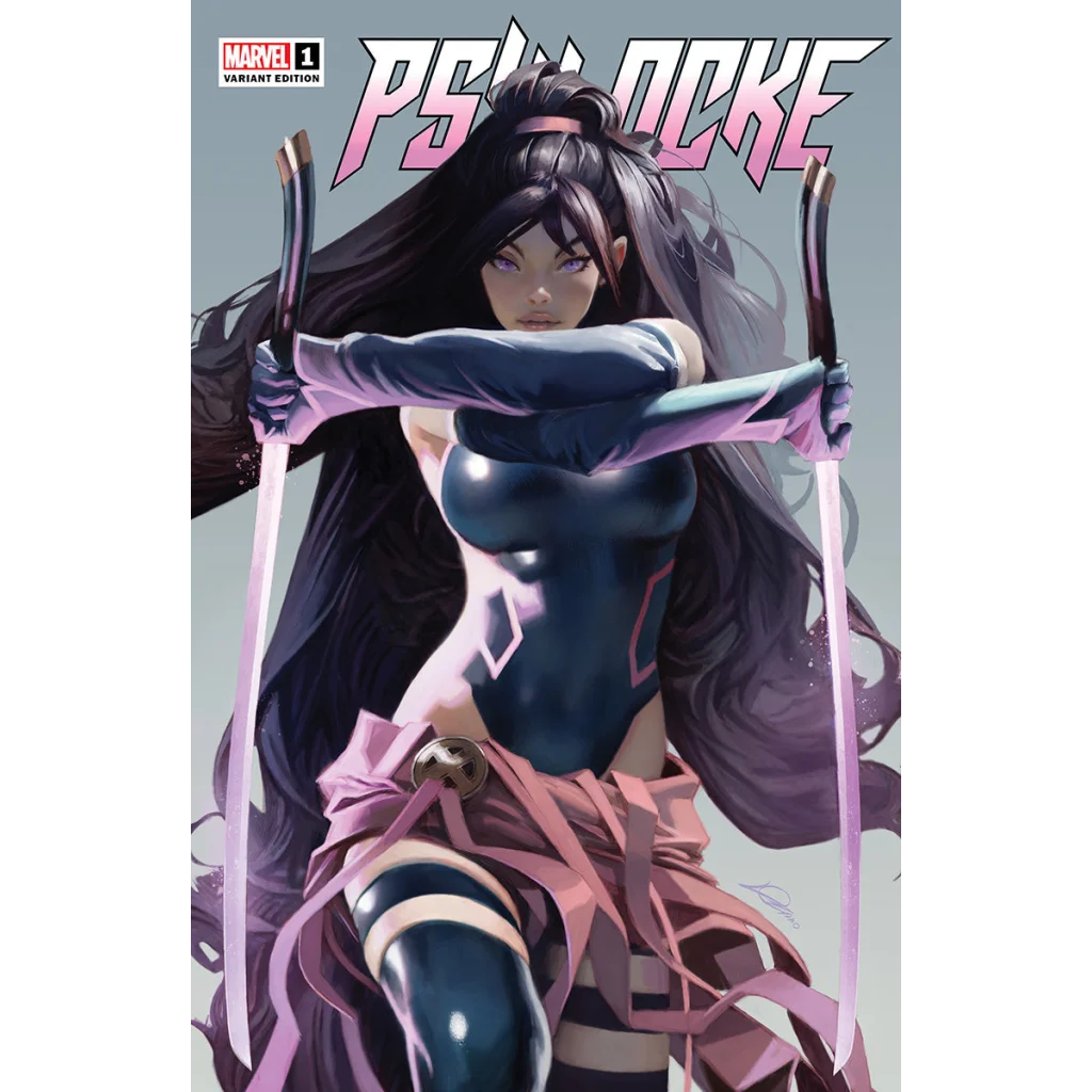 Blue and pink Psylocke comic cover by Alexander Lozano for Unknown Comics Alexander