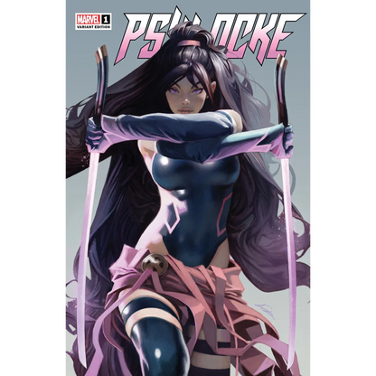 Blue and pink Psylocke comic cover by Alexander Lozano for Unknown Comics Alexander