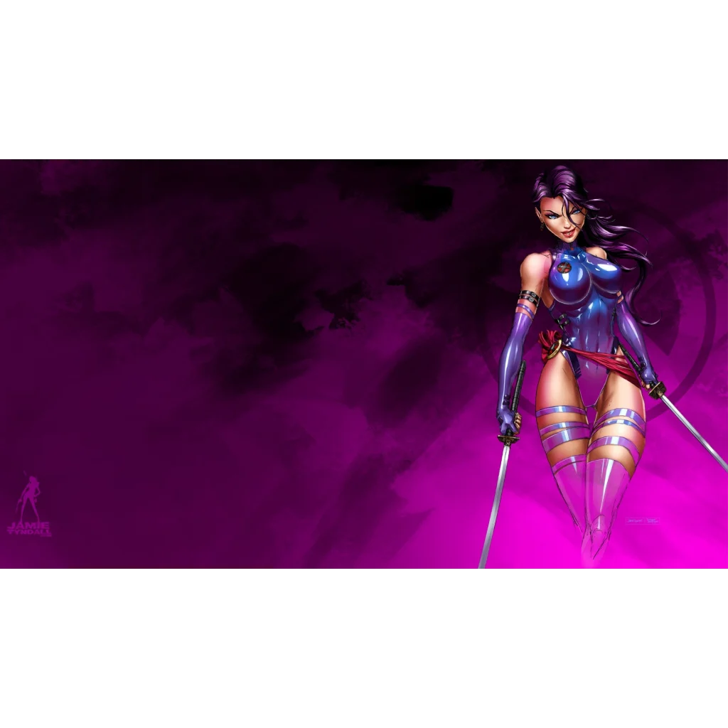 Stylized Psylocke in metallic blue purple suit with red accents comic art