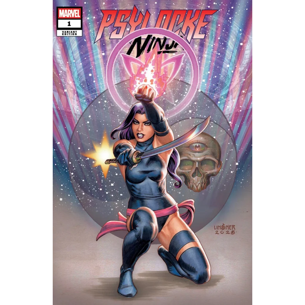 Psylocke in blue-pink ninja outfit wields glowing sword on cosmic backdrop