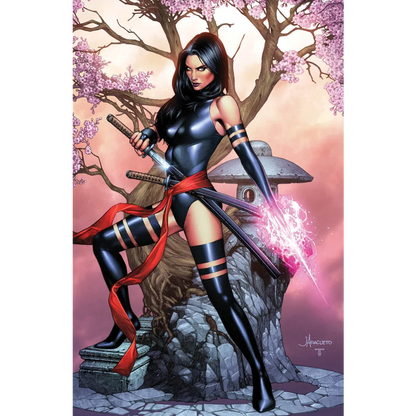 Comic book illustration of Psylocke in purple ninja outfit with psychic katana from unknown comics