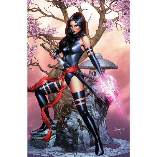 Comic book illustration of Psylocke in purple ninja outfit with psychic katana from unknown comics