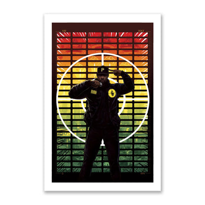 Comic-style print of a man in a cap with enemy strikes black graphics by Mike Del Mundo