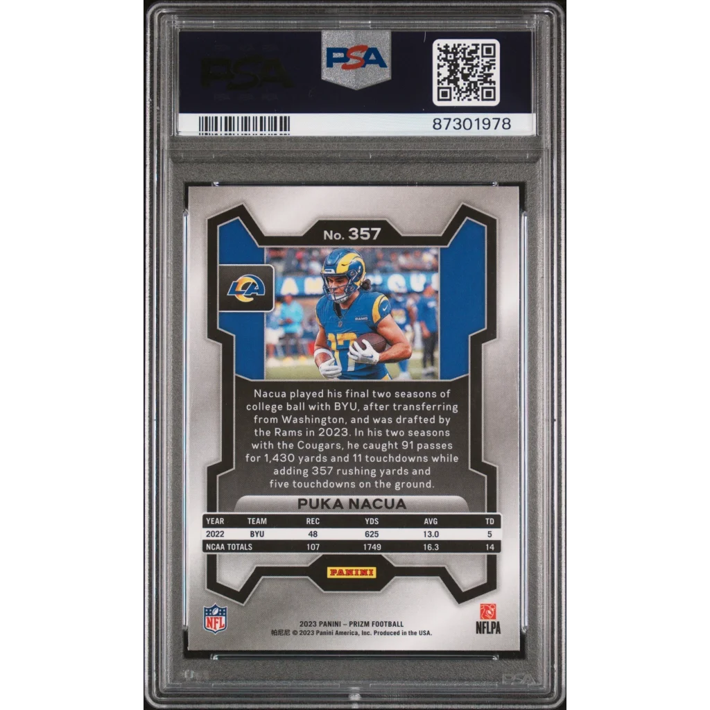2023 Panini Prizm Puka Nacua football rookie card with silver frame and black white design