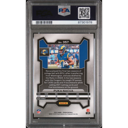 2023 Panini Prizm Puka Nacua football rookie card with silver frame and black white design