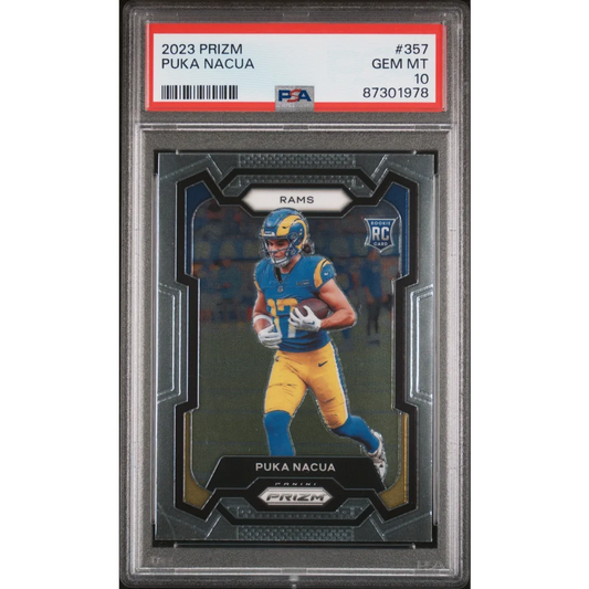 2023 Prizm Puka Nacua football card graded PSA 10 Gem Mint Rookie Card