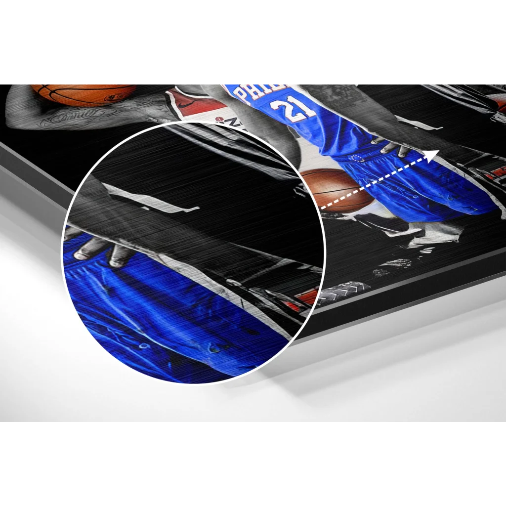 Blue and white Puma athletic shoe with black laces on brushed aluminium dibond