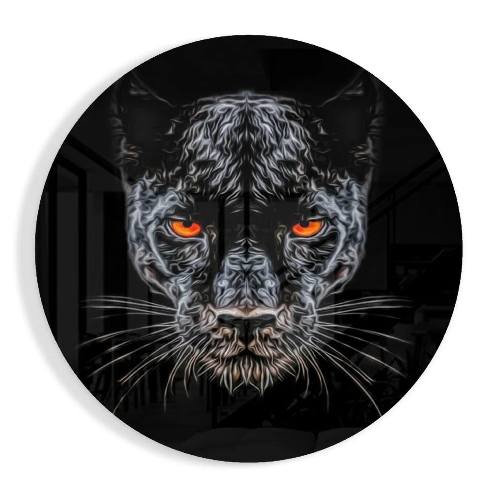 Fierce panther tempered glass art with glowing orange eyes
