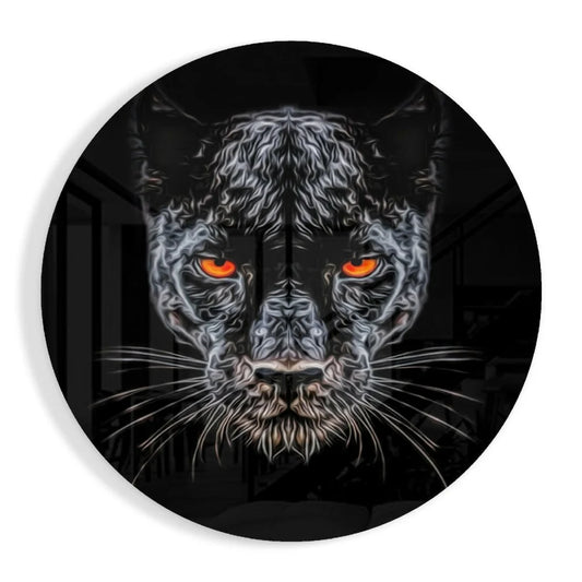 Fierce panther tempered glass art with glowing orange eyes