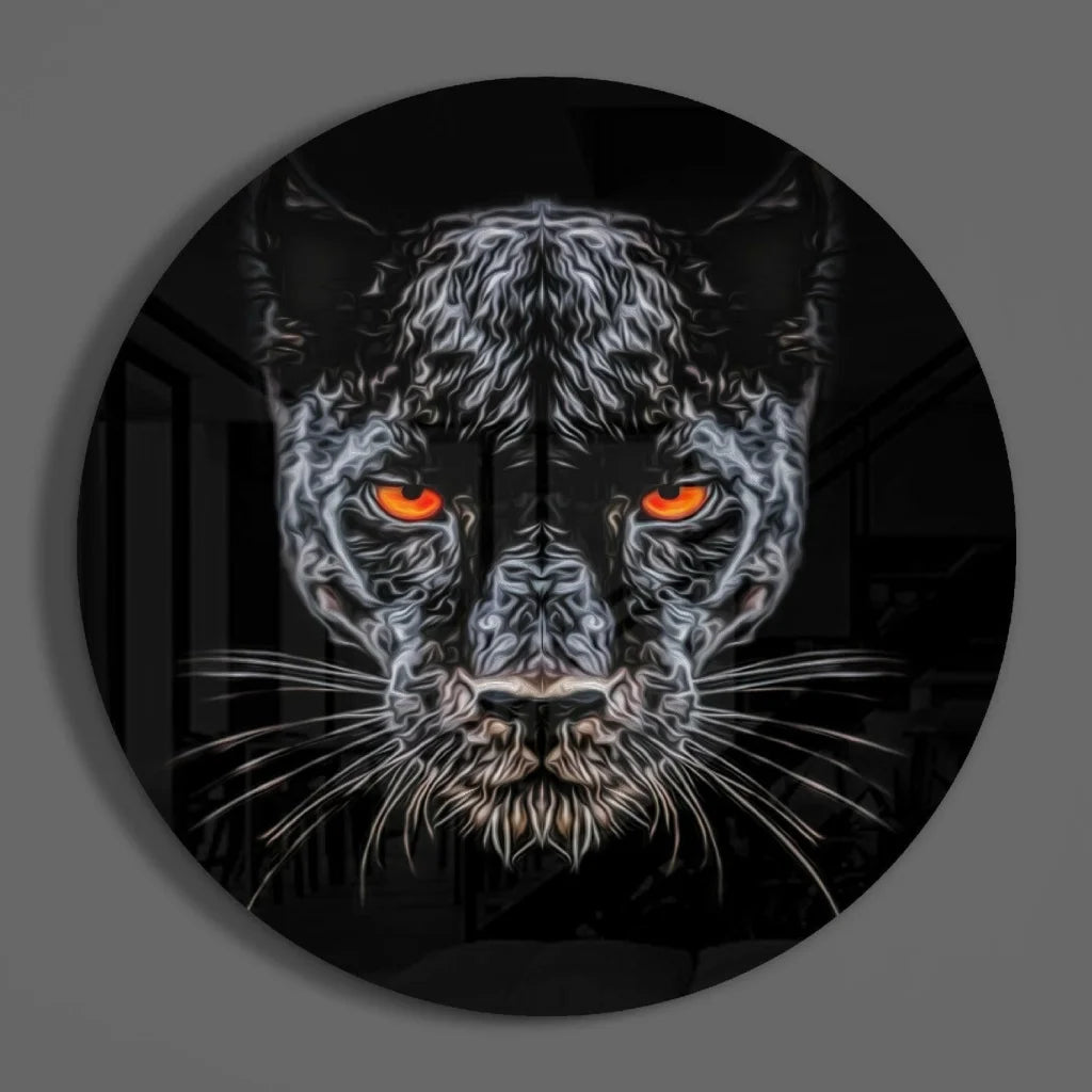 Fierce panther tempered glass art with glowing orange eyes