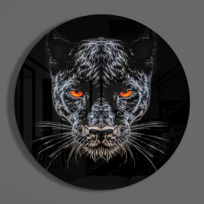 Fierce panther tempered glass art with glowing orange eyes