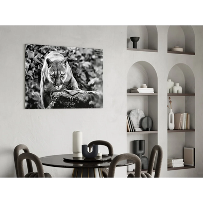 Black-and-white cougar on rock framed glass wall art