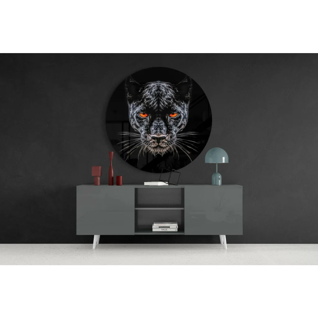 Fierce black panther tempered glass art plaque with glowing orange eyes