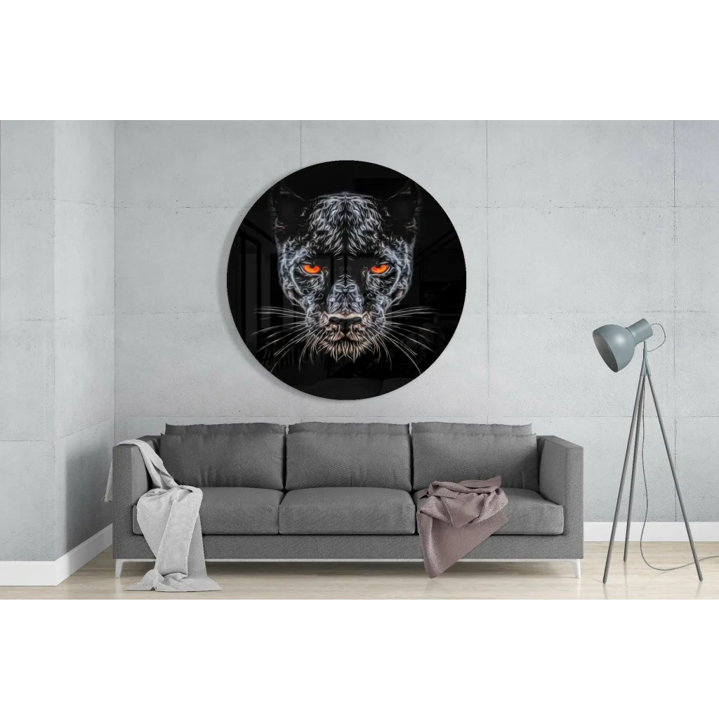 Fierce black panther tempered glass art with glowing orange eyes