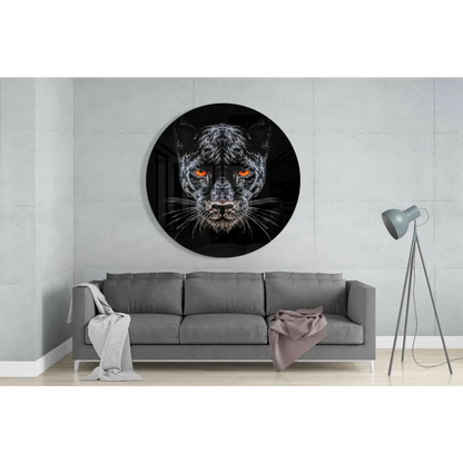 Fierce black panther tempered glass art with glowing orange eyes