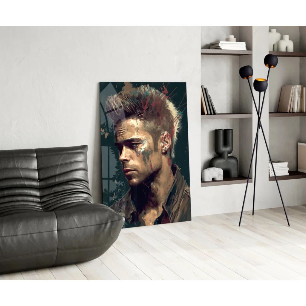 Black leather couch by vibrant Punk Rocker wall art portrait