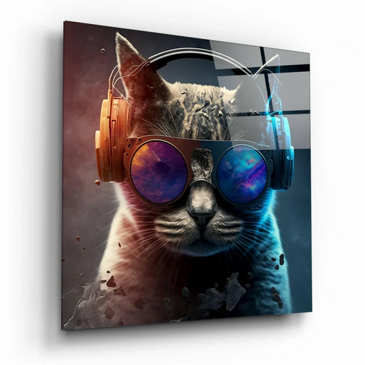Cosmic cat in futuristic headphones on glass wall art