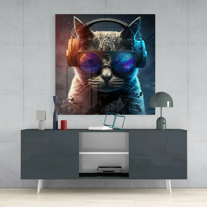 Cosmic cat in futuristic headphones on galaxy glass wall art