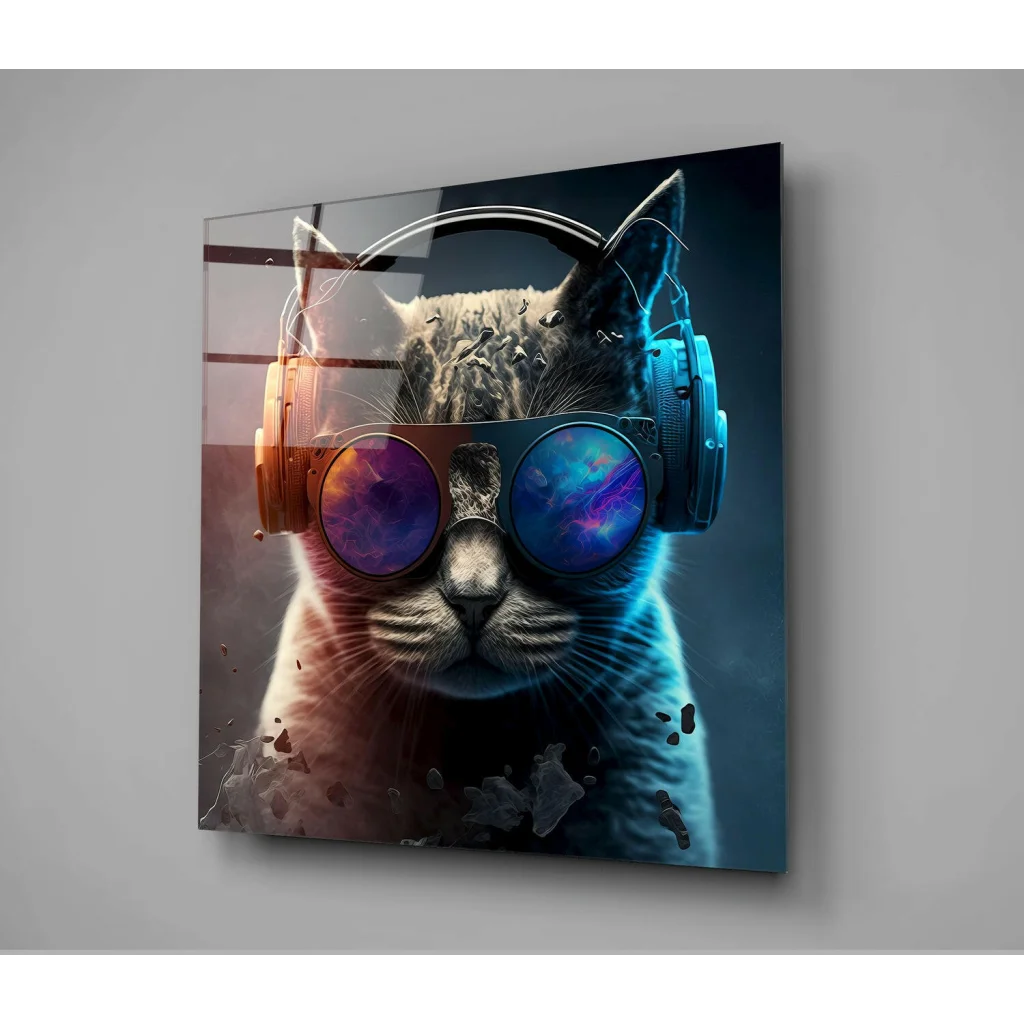 Cosmic Cat glass wall art with futuristic galaxy vibes