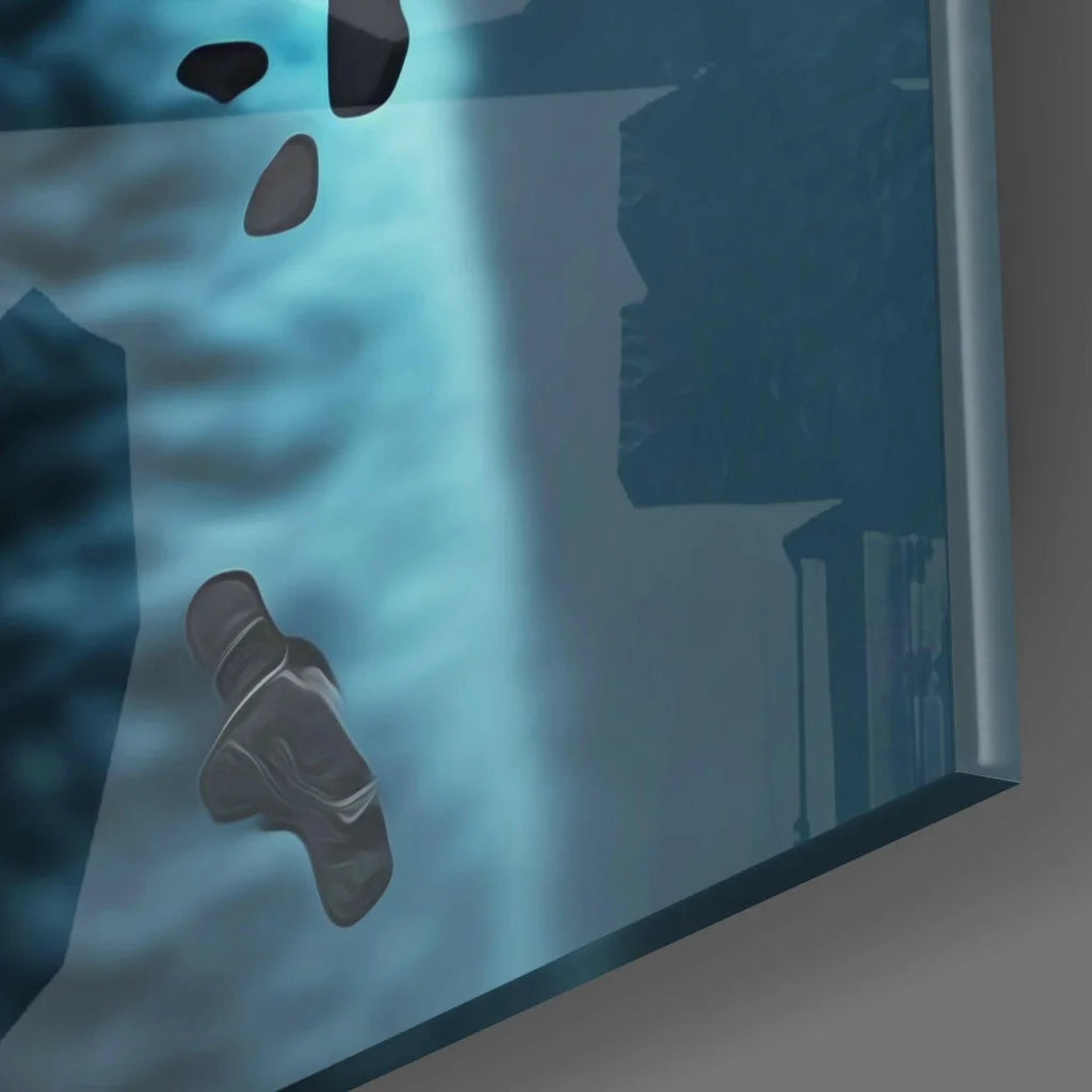 Dark gray glossy shoe under cosmic cat glass wall art with galaxy vibes