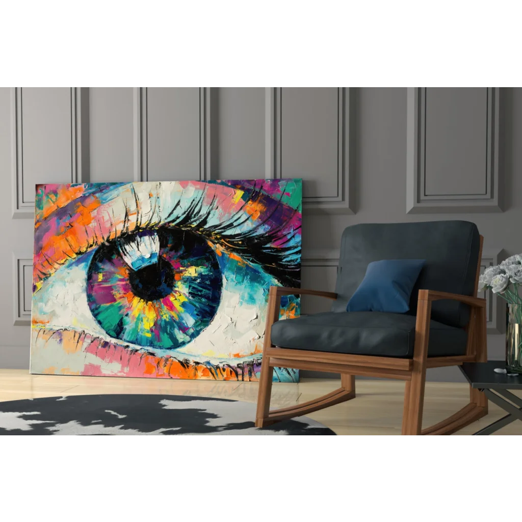 Vibrant abstract eye wall art canvas with bold teal, orange, pink, purple brushstrokes