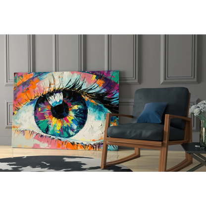 Vibrant abstract eye wall art canvas with bold teal, orange, pink, purple brushstrokes