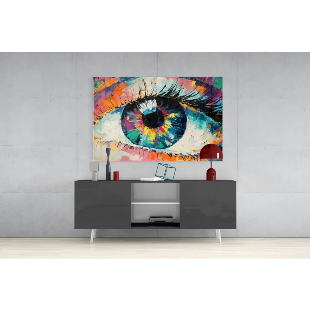 Vibrant abstract eye wall art canvas with rainbow swirls and bold lashes