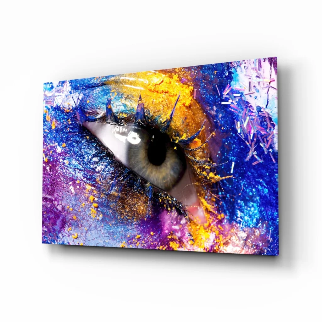 Vibrant explosive eye splash glass wall art canvas with blue iris