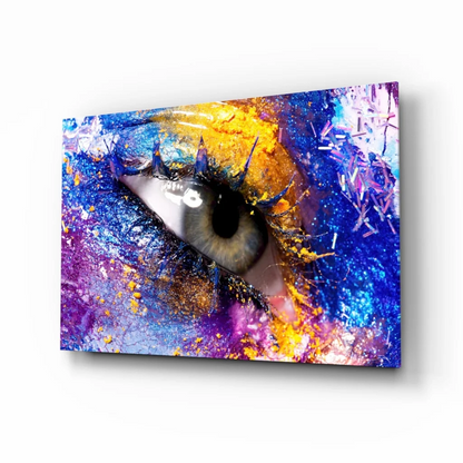 Vibrant explosive eye splash glass wall art canvas with blue iris
