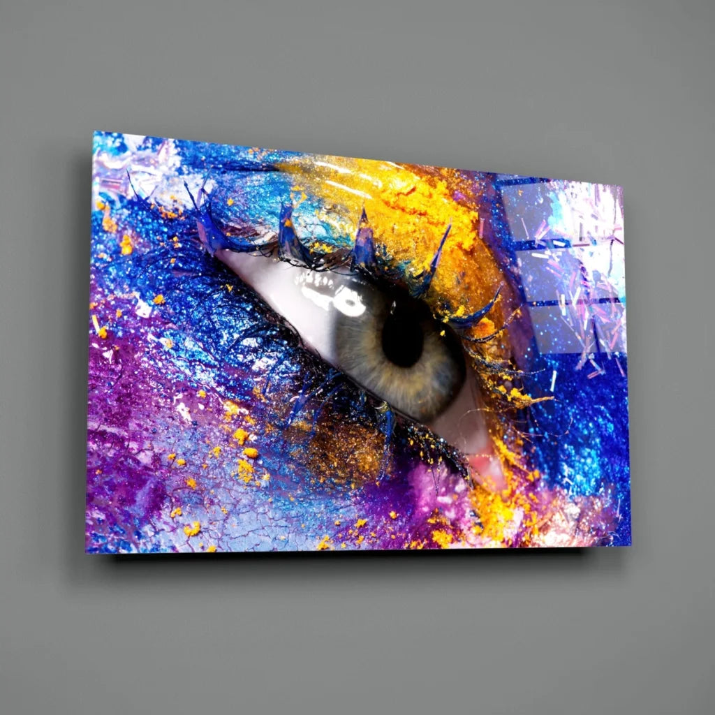 Vibrant explosive eye splash glass wall art canvas print with green brown iris