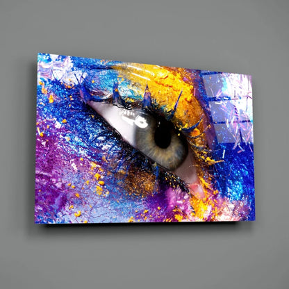 Vibrant explosive eye splash glass wall art canvas print with green brown iris